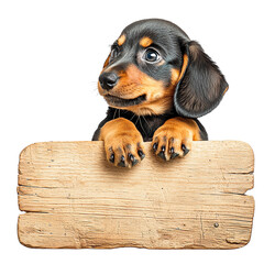 Adorable puppy with a shiny coat peeking over a wooden sign, perfect for pet-themed designs or promotions.