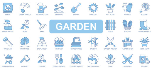 Poster - Garden icons set in duotone outline stroke design for web. Pack pictograms of seeds, green sprout, watering can, seedling, shovel, pot plant, gloves, bouquet, rose, rake, other. Vector illustration.
