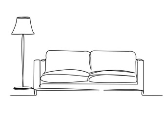 Wall Mural - continuous single drawn single line sofa with floor lamp lampshade hand-drawn picture silhouette. Line art. doodle