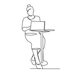 Wall Mural - continuous single drawn single line woman in a cafe drinking coffee and working into a laptop hand-drawn picture silhouette. Line art. doodle