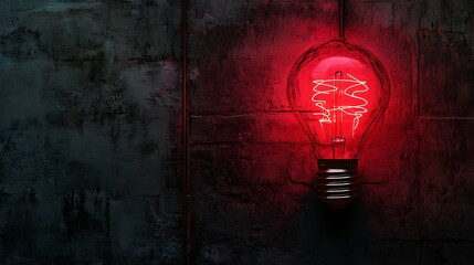 Wall Mural - Glowing Red Lightbulb Against a Dark Brick Wall