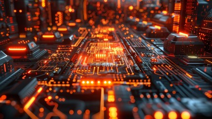 Poster - Expansive view of a futuristic cityscape illuminated by vibrant orange lights at night