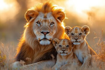 intimate portrait of lion family golden hour lighting cubs nestled against parents savanna grass for