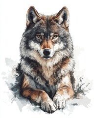  Majestic Wolf Illustration - Detailed Watercolor Art of a Resting Wolf with Intense Gaze