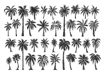 Wall Mural - Palm Trees Linocut Print Style Icons Set Illustrations Detailed Tropical Palm Designs Classic Engraving Thick Strokes Black on White Background