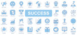 © alexdndz - Success icons set in duotone outline stroke design for web. Pack pictograms of bullhorn, smile, creative, premium, ladder, career, badge medal, personal brand, victory, other. Vector illustration.