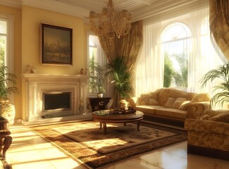 Wall Mural - Luxury Living Room with Fireplace and Chandelier