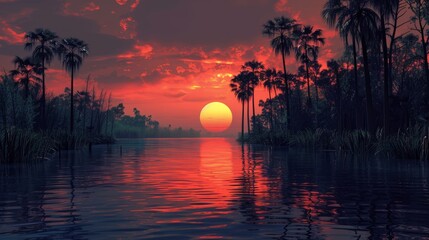 Wall Mural - Sunset over calm river with palm trees reflecting in still waters