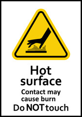 Hot surface sign. Surfaces that can cause burns on contact. Warns workers and visitors to avoid contact with hot surfaces. Do not touch. High surface temperature. Do not contact. Caution, risk burns.