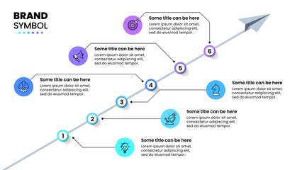 Sticker - Infographic template. Line with 6 steps and paper plane