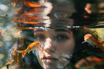 Poster - A person looks at a fish underwater
