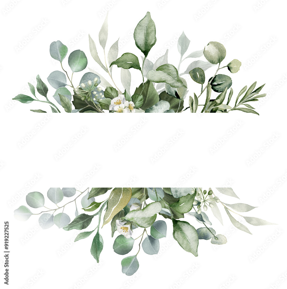 Watercolor greenery floral border - white flowers and green eucalyptus ...