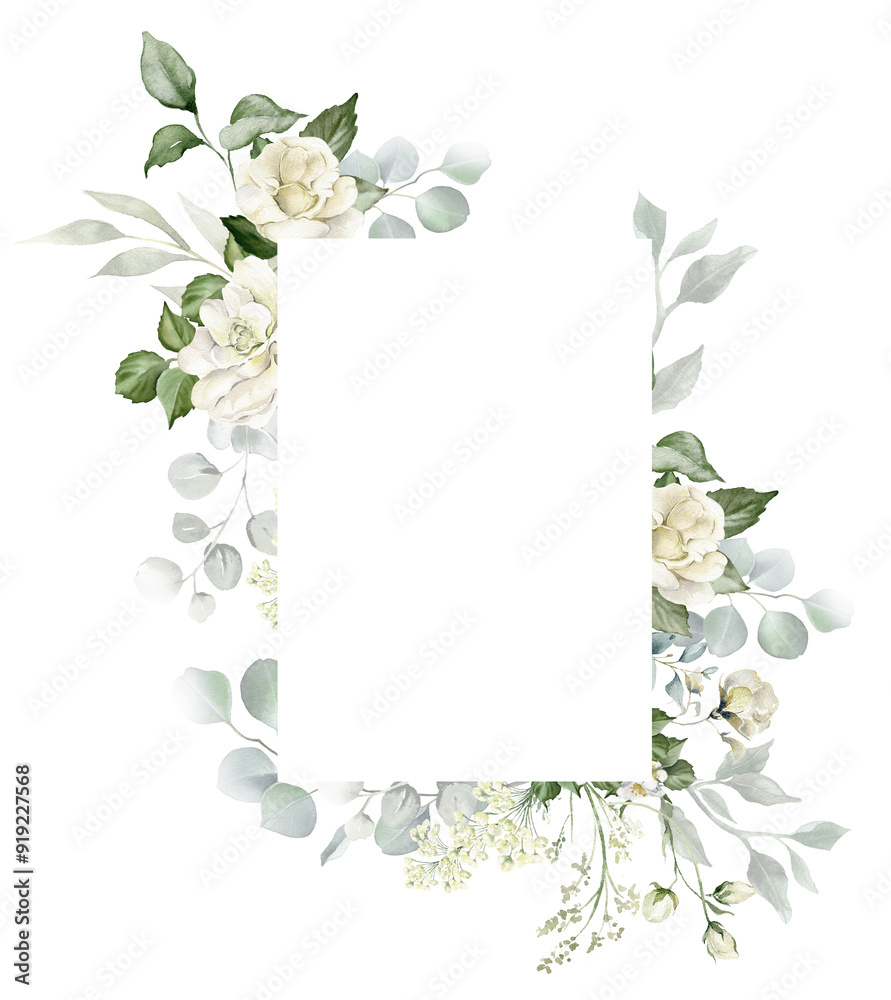 Watercolor floral border - white flowers and green eucalyptus leaves ...