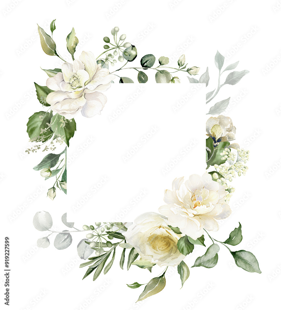 Watercolor floral border - white flowers and green eucalyptus leaves ...