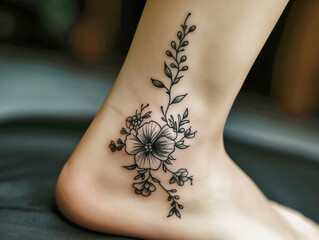 Wall Mural - A woman's foot has a flower tattoo on it