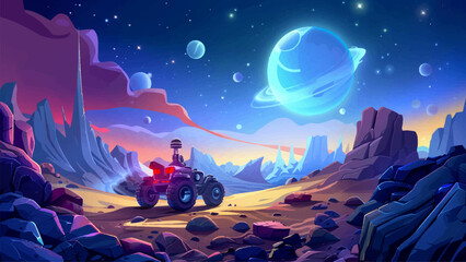Wall Mural - rover on alien planet cartoon landscape environment illustration extraterrestrial terrain futuristic
