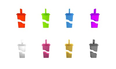 Sticker - Colorful Paper glass with drinking straw and water icon isolated on white background. Soda drink glass. Fresh cold beverage symbol. Minimalism concept. 3D render illustration