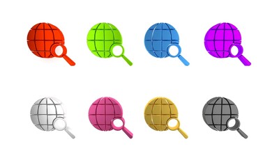 Poster - Colorful Magnifying glass with globe icon isolated on white background. Analyzing the world. Global search sign. Minimalism concept. 3D render illustration