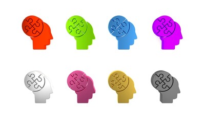 Sticker - Colorful Human head puzzles strategy icon isolated on white background. Thinking brain sign. Symbol work of brain. Minimalism concept. 3D render illustration