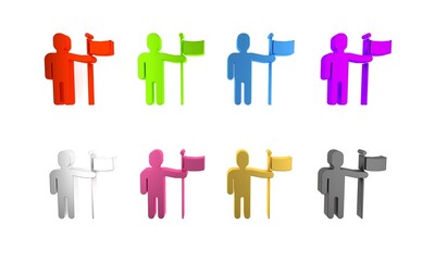 Sticker - Colorful Man holding flag icon isolated on white background. Minimalism concept. 3D render illustration