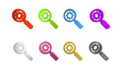 Poster - Colorful Magnifying glass and gear icon isolated on white background. Search gear tool. Business analysis symbol. Minimalism concept. 3D render illustration