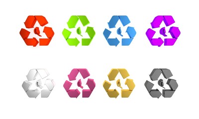 Sticker - Colorful Recycle symbol and leaf icon isolated on white background. Environment recyclable go green. Minimalism concept. 3D render illustration