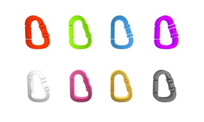 Wall Mural - Colorful Carabiner icon isolated on white background. Extreme sport. Sport equipment. Minimalism concept. 3D render illustration