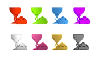 Sticker - Colorful Jewish goblet and hanukkah sufganiyot icon isolated on white background. Jewish sweet bakery. Wine cup for kiddush. Minimalism concept. 3D render illustration