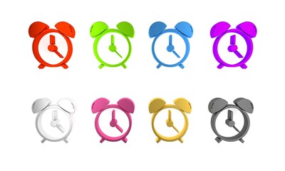 Poster - Colorful Alarm clock icon isolated on white background. Wake up, get up concept. Time sign. Minimalism concept. 3D render illustration
