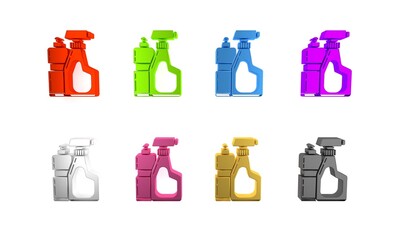 Sticker - Colorful Plastic bottles for liquid laundry detergent, bleach, dishwashing liquid or another cleaning agent icon isolated on white background. Minimalism concept. 3D render illustration