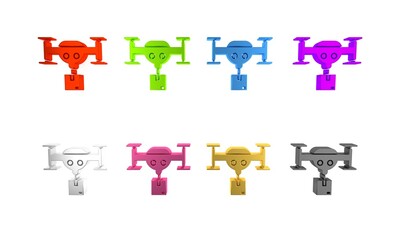 Poster - Colorful Delivery drone with the package icon isolated on white background. Drone delivering cardboard box. Minimalism concept. 3D render illustration