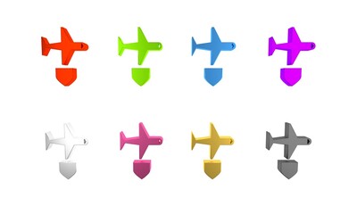 Sticker - Colorful Plane with shield icon isolated on white background. Flying airplane. Airliner insurance. Security, safety, protection, protect concept. Minimalism concept. 3D render illustration