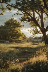 Aufkleber - A simple bench sitting under the shade of a tree in an open field, perfect for a relaxing break or a moment of contemplation