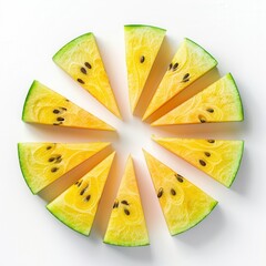 Fresh sweet ripe yellow watermelon slices put in order