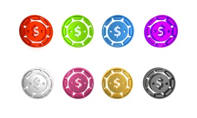 Poster - Colorful Casino chip with dollar symbol icon isolated on white background. Casino gambling. Minimalism concept. 3D render illustration