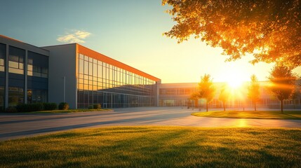 Poster - A large building with a large glass window and a tree in front of it
