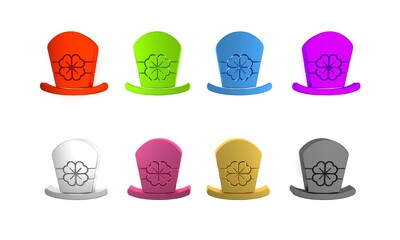 Poster - Colorful Leprechaun hat and four leaf clover icon isolated on white background. Happy Saint Patricks day. Minimalism concept. 3D render illustration