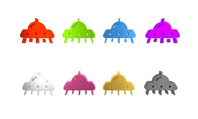 Poster - Colorful UFO flying spaceship icon isolated on white background. Flying saucer. Alien space ship. Futuristic unknown flying object. Minimalism concept. 3D render illustration