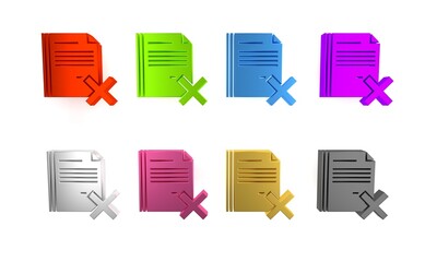 Poster - Colorful Delete file document icon isolated on white background. Rejected document icon. Cross on paper. Minimalism concept. 3D render illustration