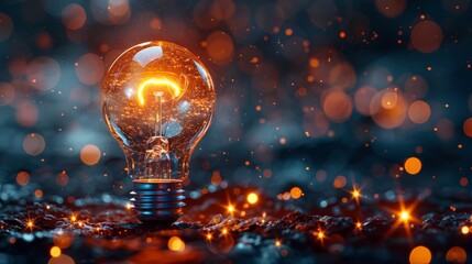 Poster - Sparkling light bulb glowing surrounded by shimmering reflections at night