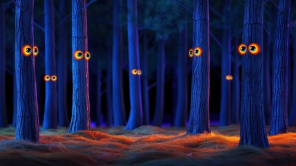 Enchanted Forest Mystery: Glowing Eyes Peering Through Dark Trees