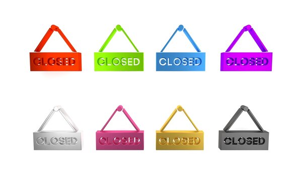 Colorful Hanging sign with text Closed icon isolated on white background. Business theme for cafe or restaurant. Minimalism concept. 3D render illustration