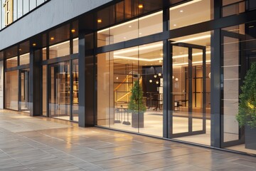 Poster - A modern building with numerous glass doors and a sleek design, ideal for office or commercial use