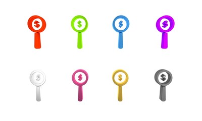 Poster - Colorful Magnifying glass and dollar symbol icon isolated on white background. Find money. Looking for money. Minimalism concept. 3D render illustration