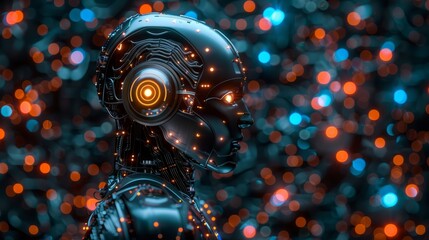 Poster - Futuristic robot against a backdrop of glowing lights in a digital environment at night