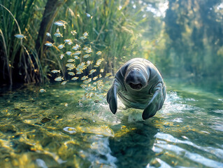 Canvas Print - A baby manatee is swimming in a river with many fish. The scene is peaceful and serene