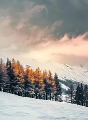 Canvas Print - Snowy Mountain Landscape with Golden Trees