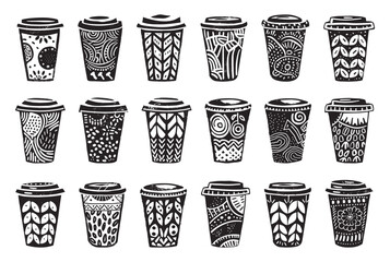 Wall Mural - Takeaway Paper Cups Linocut Print Style Icons Set Disposable Drink Containers Neat Thick Strokes Detailed Cup Designs Black on White Background Beverage Icons