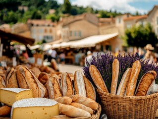 A bustling farmers market in Provence, with fresh baguettes, cheeses, and baskets of lavender, all set against the backdrop of a quaint village