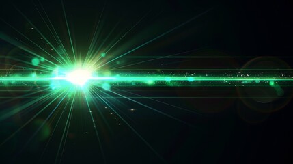 Poster - Bright green light beam with rays spreading across a dark background